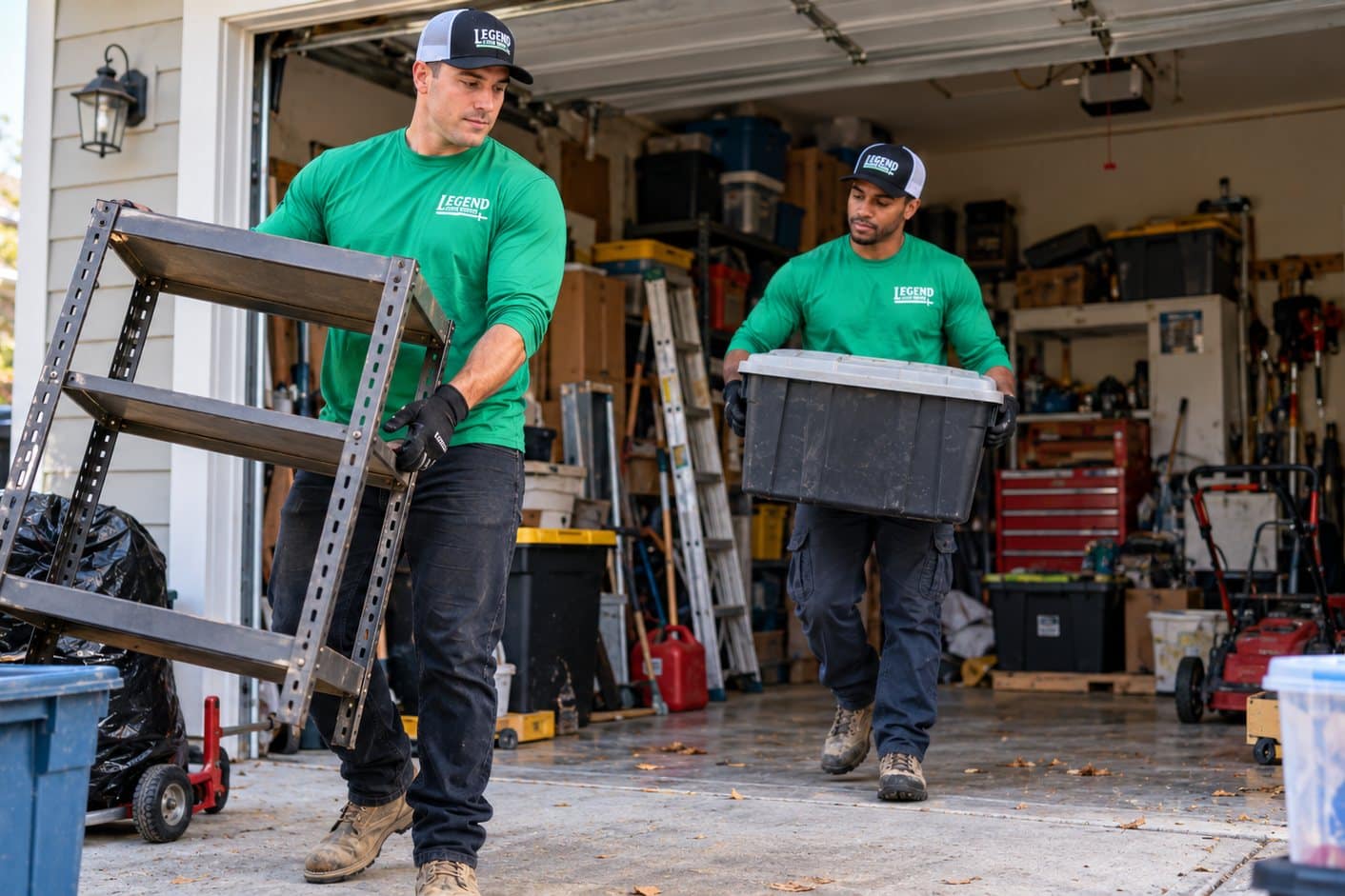 Legend Junk Removal crew carrying shelving and a storage bin out of a garage in Spokane